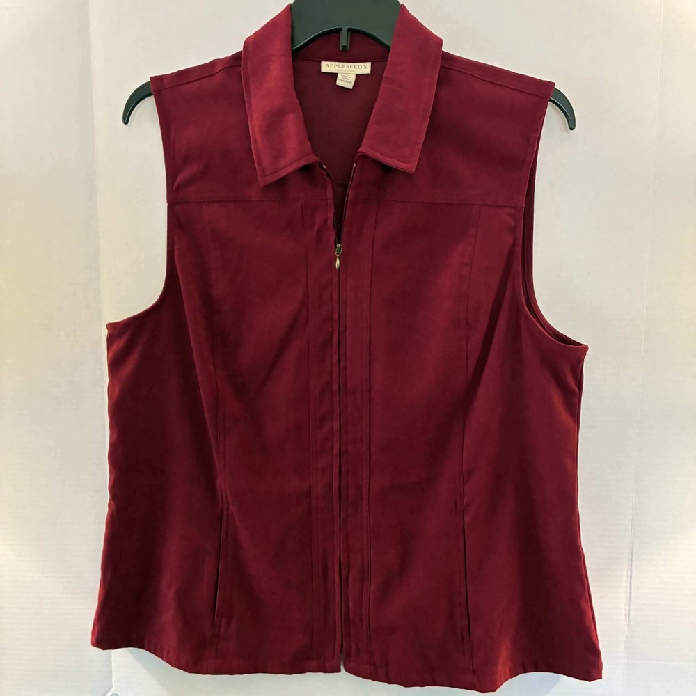 Appleseed's Full Zip Vest Womens XL Burgundy Sleeveless Collared Pockets Casual